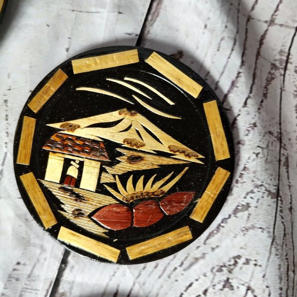 Japan Asian Wood Carved Coasters With Storage Box - Picture 3 of 14